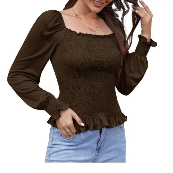 🍒 2/$20 🍒 Brown Long Sleeve Square Neck Puffed Shoulder with Tie on Back, sz S - Picture 1 of 3